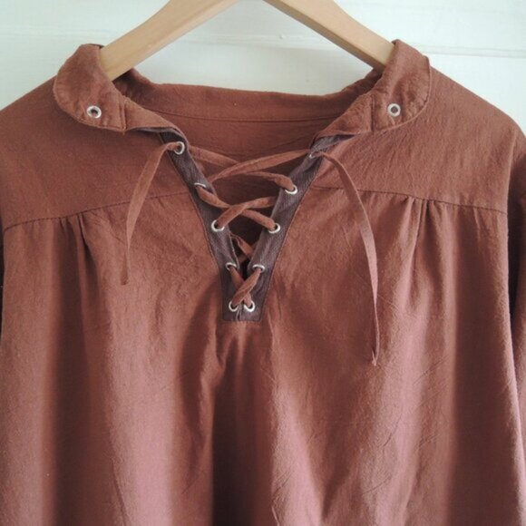Men's Renaissance Pirate Poet Rustic Brown Laced Shirt S/M - Picture 2 of 5